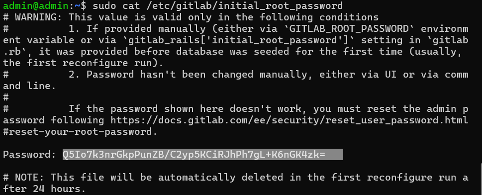 Screenshot displaying GitLab's temporary password in terminal on Debian Linux.