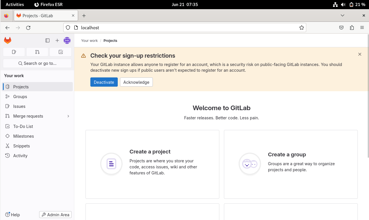 Screenshot showcasing a fully installed GitLab interface on Debian Linux.