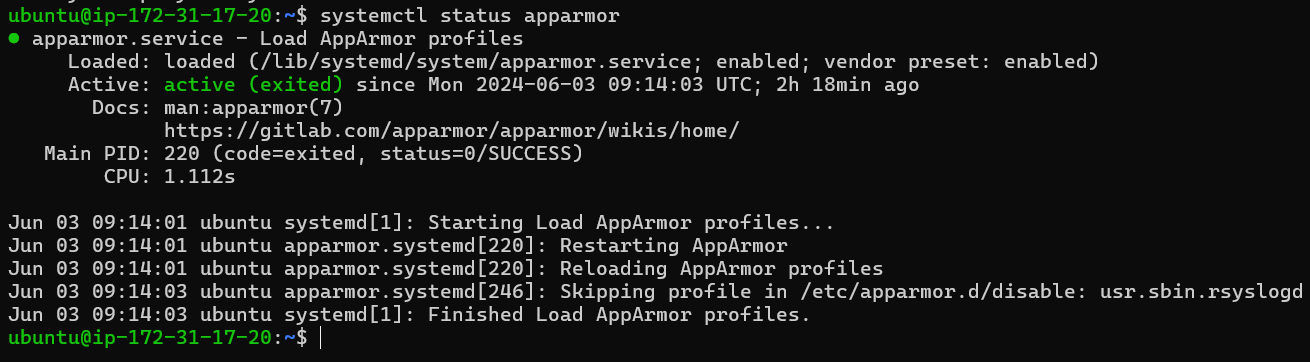 Systemctl Command Output Showing AppArmor Status