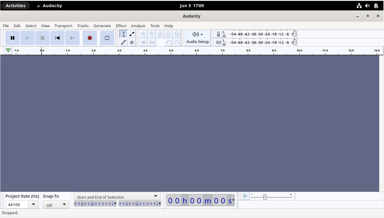 Audacity interface displayed on a Debian Linux desktop.