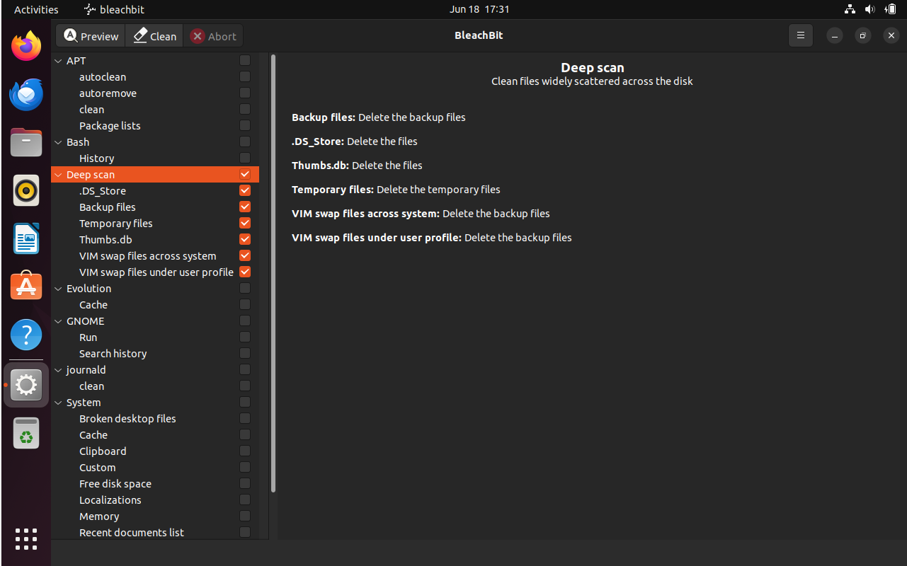 Configuring deep scan settings for BleachBit on Ubuntu 22.04.