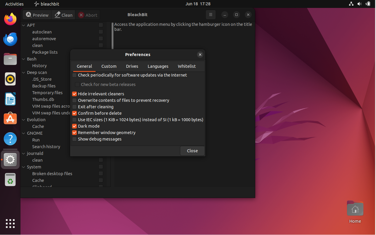 Initial configuration options for BleachBit deep scan on Ubuntu 22.04.