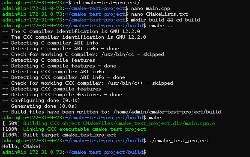 “Hello World” test using CMake on Debian