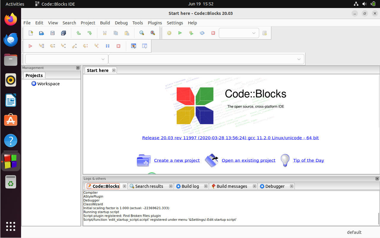 Code::Blocks default user interface on Ubuntu 22.04 or 20.04.