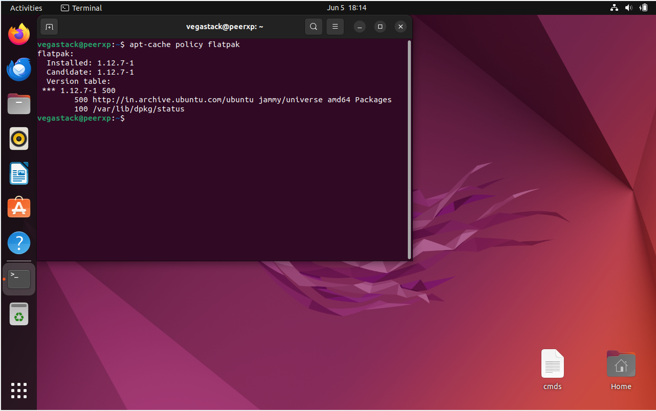 Screenshot showing the apt-cache policy command output for Flatpak development version on Ubuntu 22.04 or 20.04 Linux.