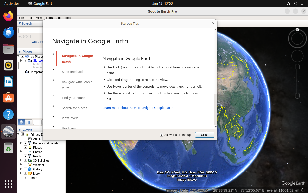 First-time launch tips for Google Earth displayed on an Ubuntu 22.04 Linux system.