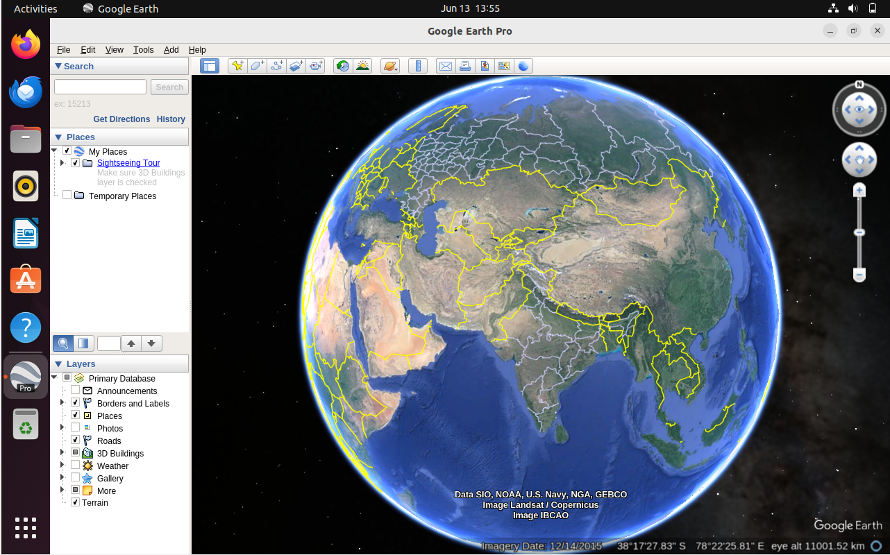 Google Earth displaying a world map on an Ubuntu 22.04 Linux computer screen.