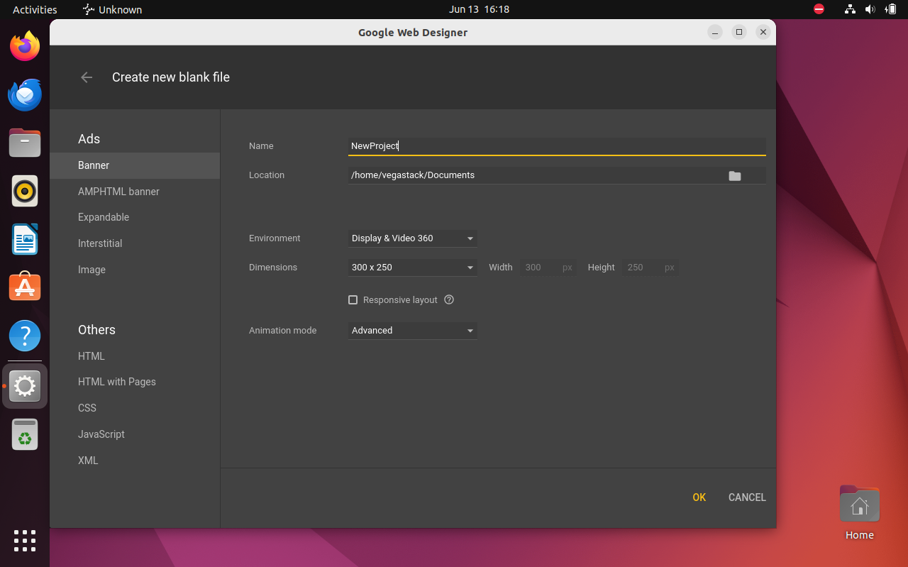 Creating a new project file in Google Web Designer on Ubuntu 22.04 Linux.