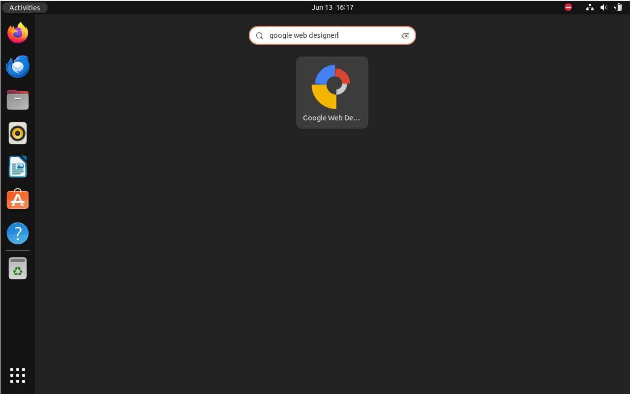 Google Web Designer application icon displayed on an Ubuntu 22.04 Linux desktop.