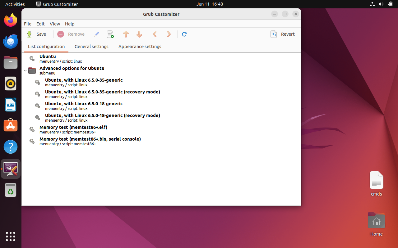 Default user interface of Grub Customizer application with standard grub settings on Ubuntu 22.04 Linux.