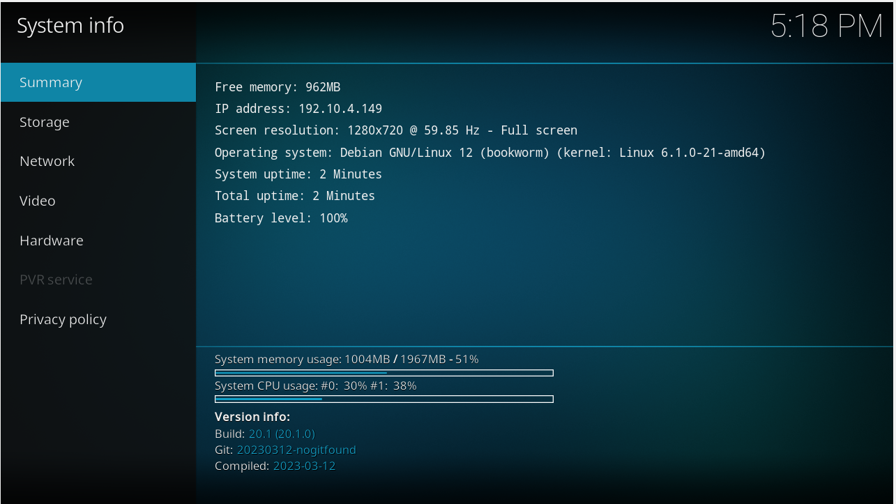 Kodi's system information tab detailing Debian Linux specifications.