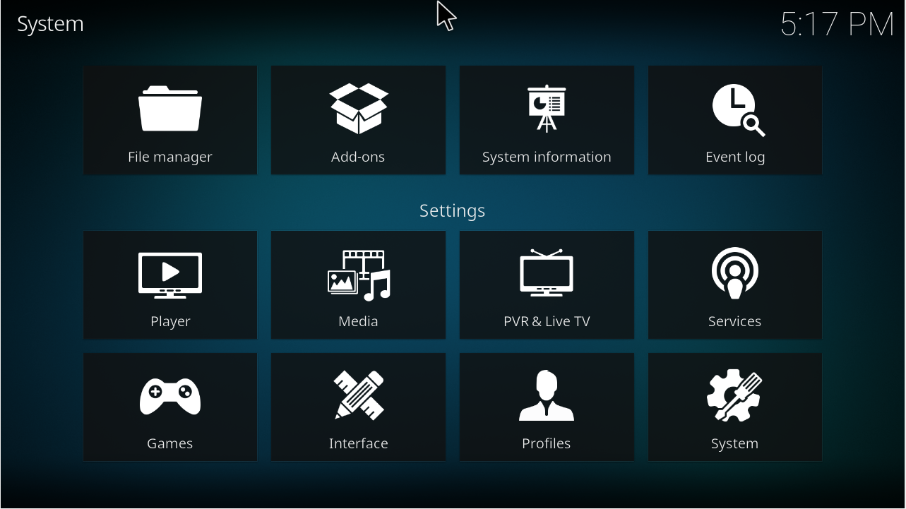 Kodi's main interface displayed on a Debian Linux desktop.