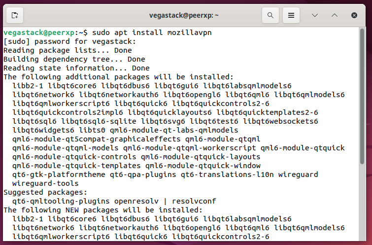 Terminal output for MozillaVPN installation packages