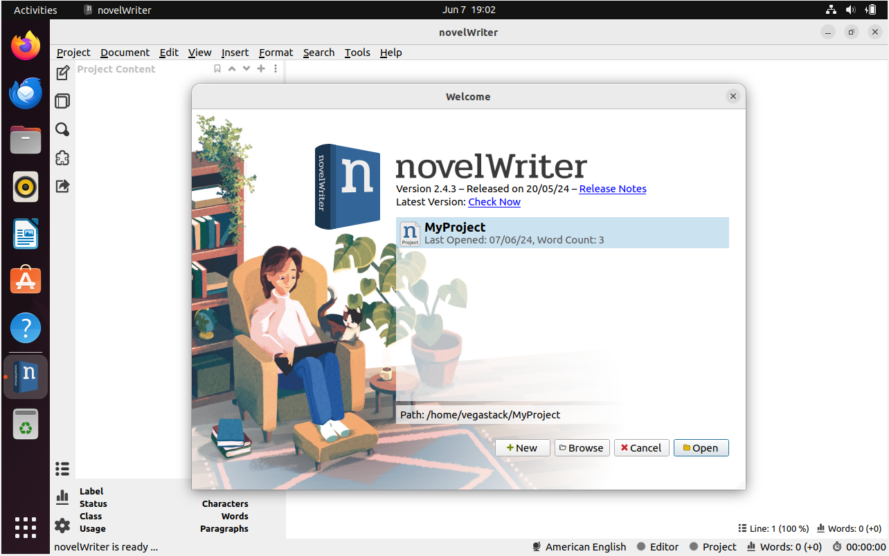 Default user interface of novelWriter upon first launch on Ubuntu 22.04 or 20.04 Linux.