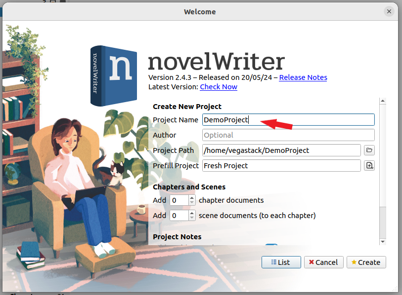 Project details input window for novelWriter on Ubuntu 22.04 or 20.04 Linux.