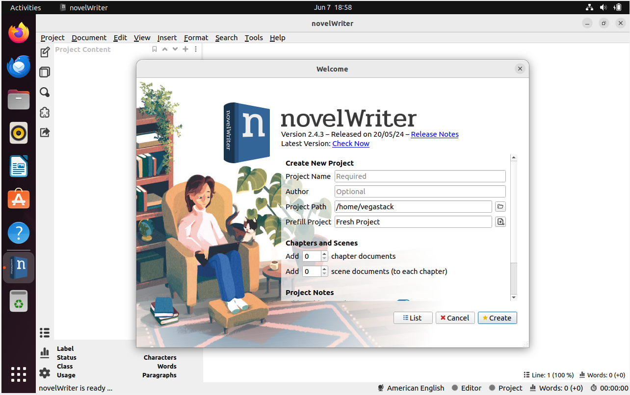 "New Project" initiation window for novelWriter on Ubuntu 22.04 or 20.04 Linux.