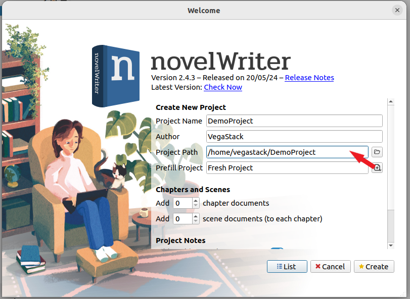 Project path selection window for novelWriter on Ubuntu 22.04 or 20.04 Linux.