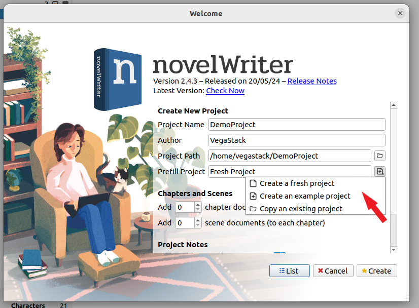 Project template setup window for novelWriter on Ubuntu 22.04 or 20.04 Linux.