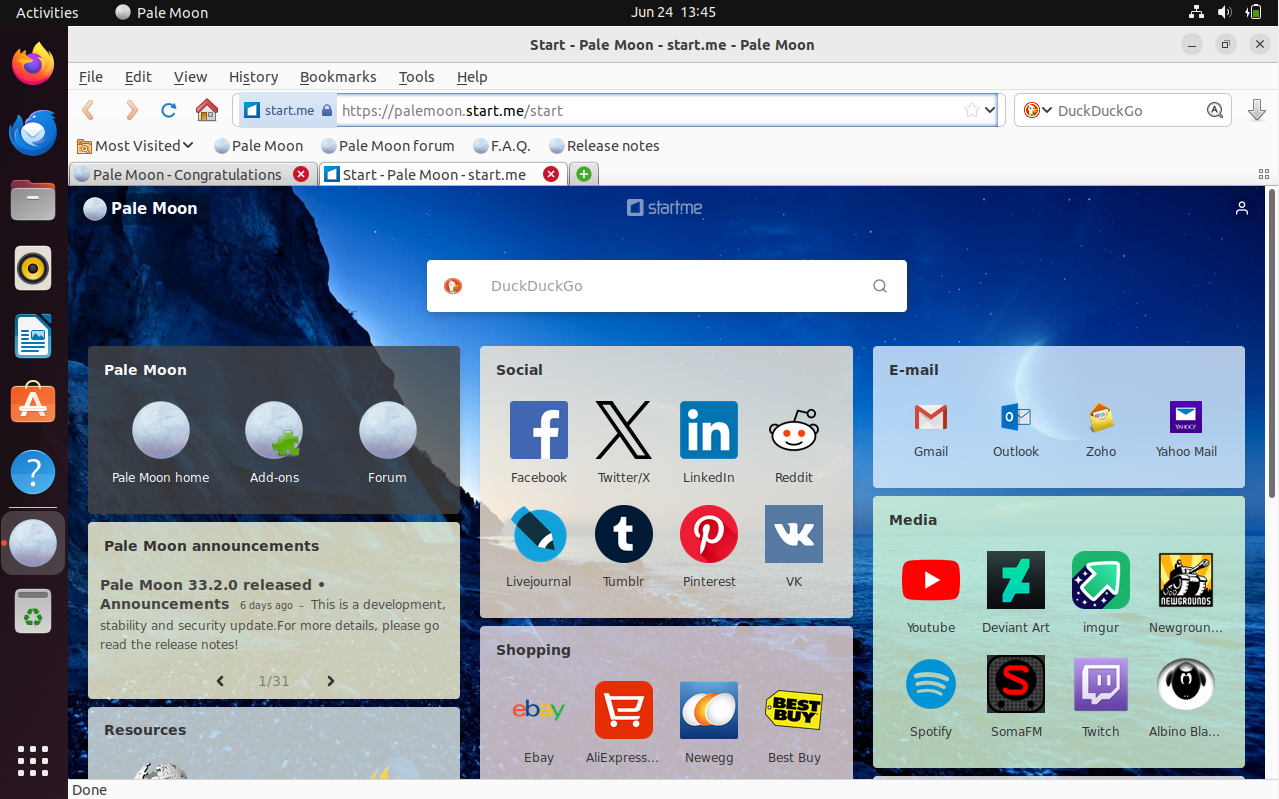 The Pale Moon browser is fully installed and ready to use