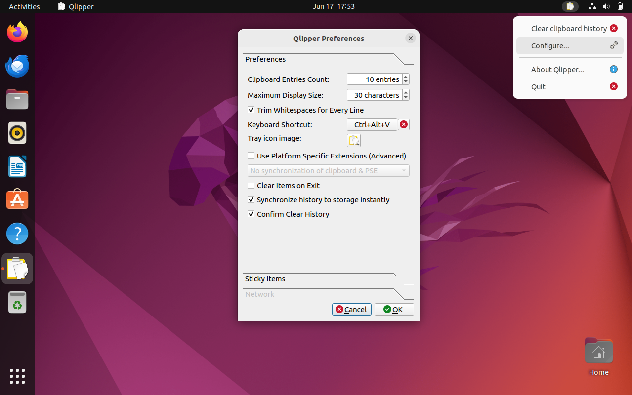 Qlipper application configuration settings menu on Ubuntu 22.04 Linux.