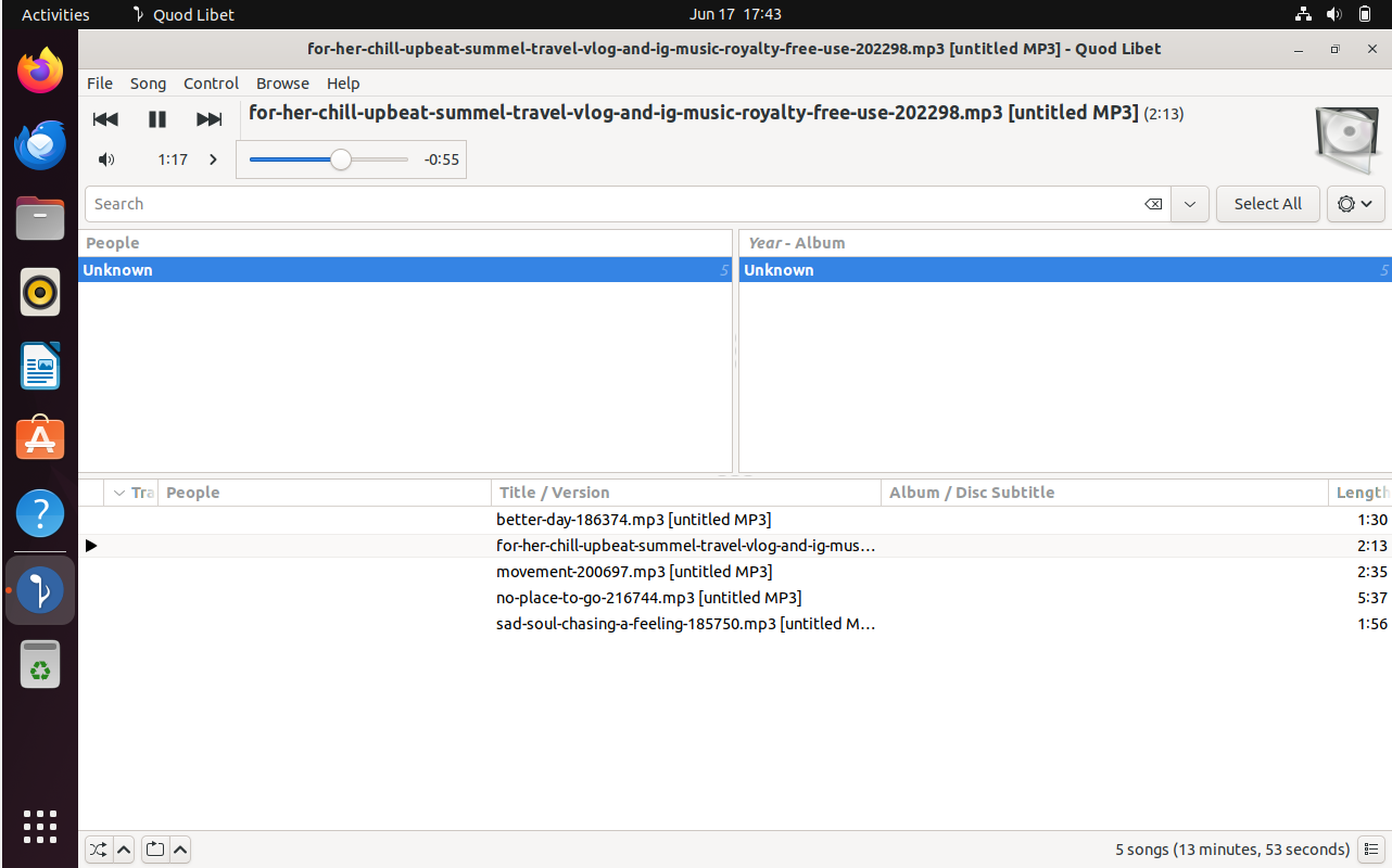 Quod Libet application's default user interface upon first launch on Ubuntu 22.04 or 20.04.