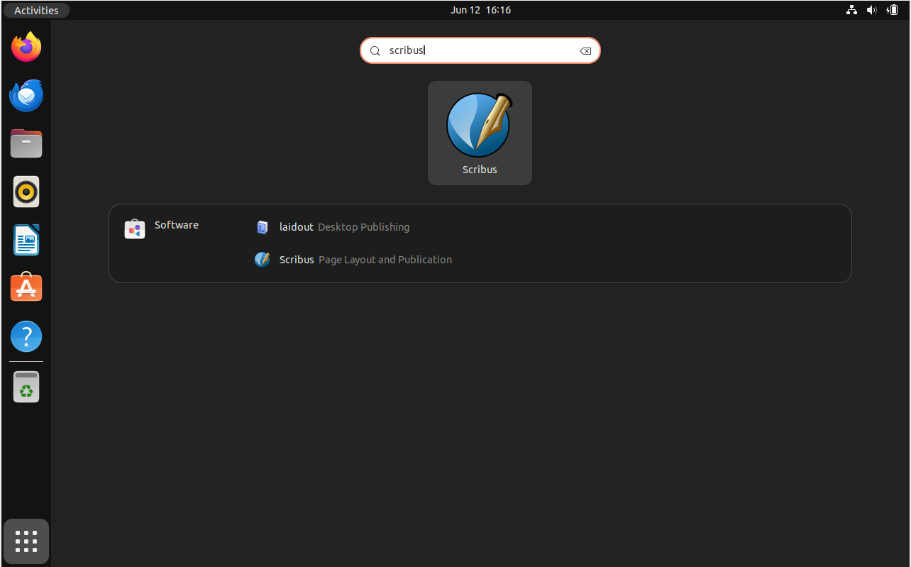Scribus launch icon on Ubuntu 22.04 or 20.04 desktop.
