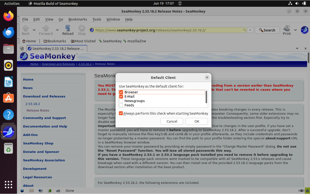 SeaMonkey internet suite active window on Ubuntu 22.04 or 20.04.