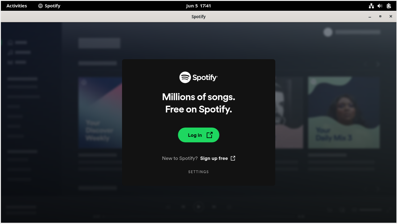 Screenshot of the successful login page of Spotify on Debian Linux.