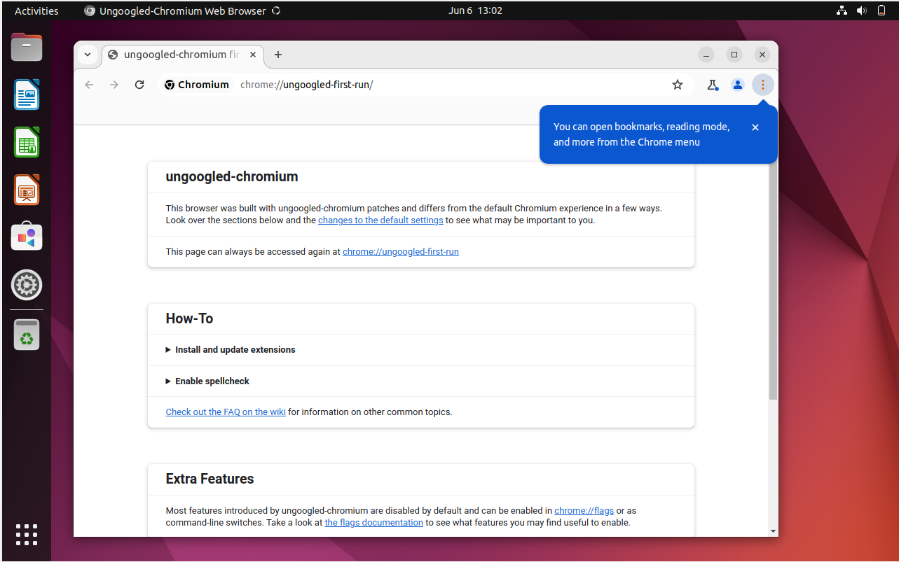 First-time launch of Ungoogled Chromium indicates a successful installation on Ubuntu