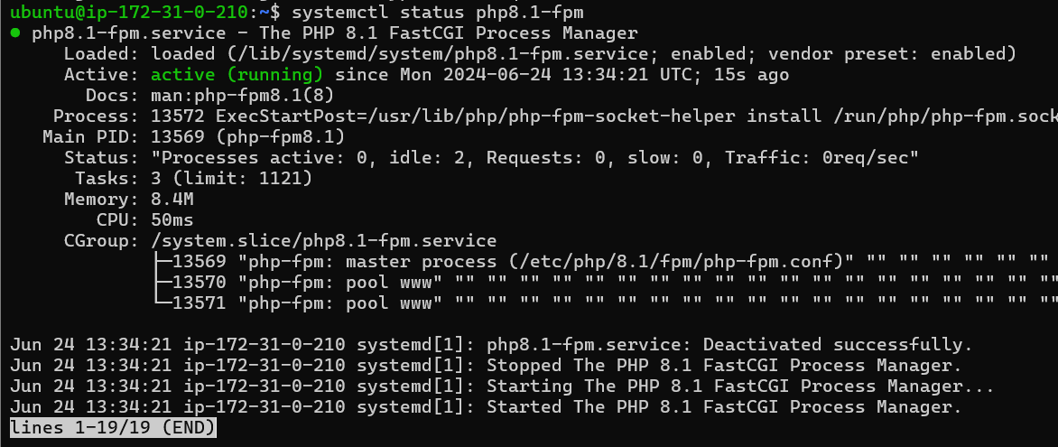 Screenshot showing the systemctl status indicating a successful PHP-FPM setup for Nginx and WonderCMS on Ubuntu 22.04 or 20.04.