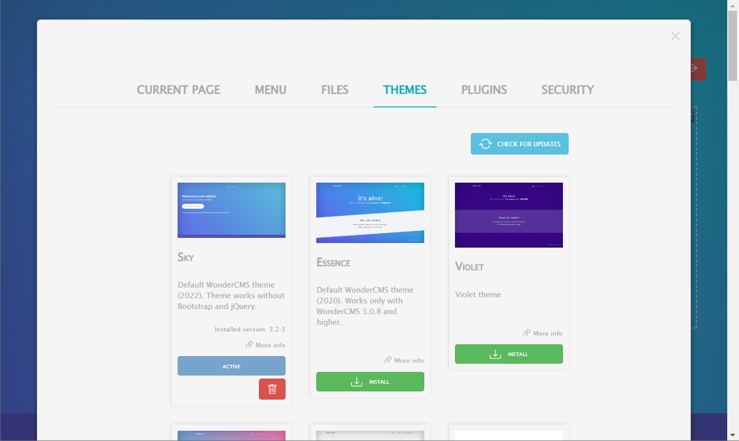 Screenshot displaying the themes selection menu of WonderCMS on Ubuntu 22.04 or 20.04 with Nginx.