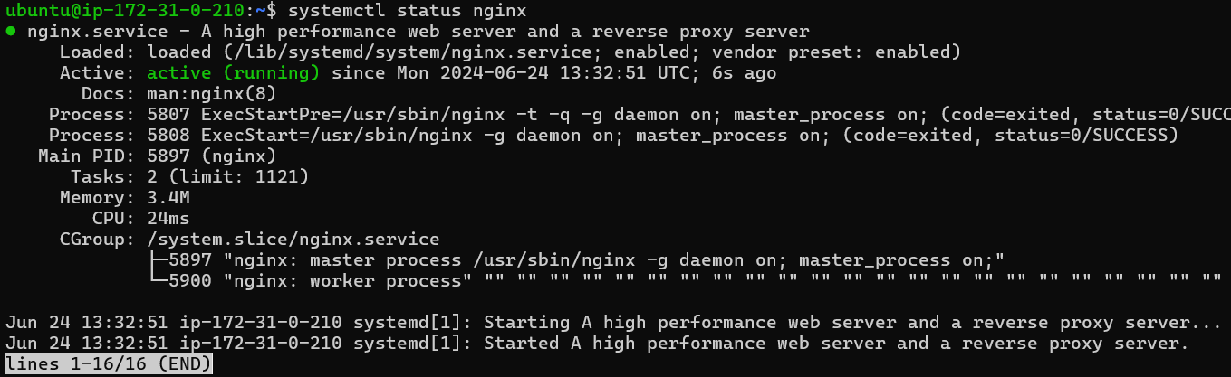 Screenshot displaying the Nginx status for WonderCMS on Ubuntu 22.04 or 20.04 LTS.