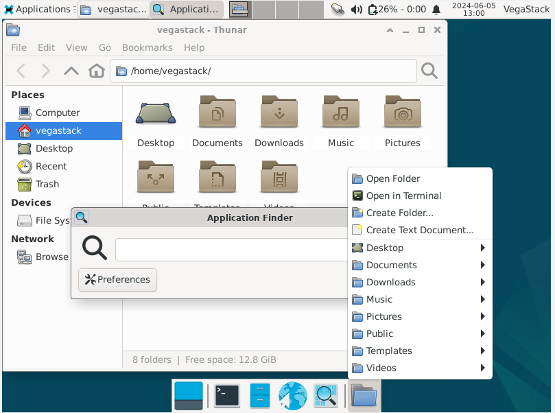 The Xfce Desktop Environment in a dark theme on a Debian Desktop