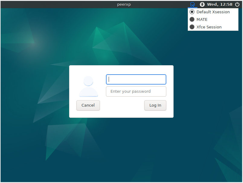 Illustrating the process of changing to an Xfce session for logging into the Debian desktop environment