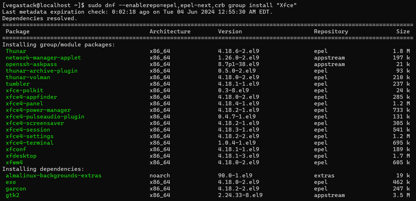 Terminal Output of Xfce Installation on AlmaLinux