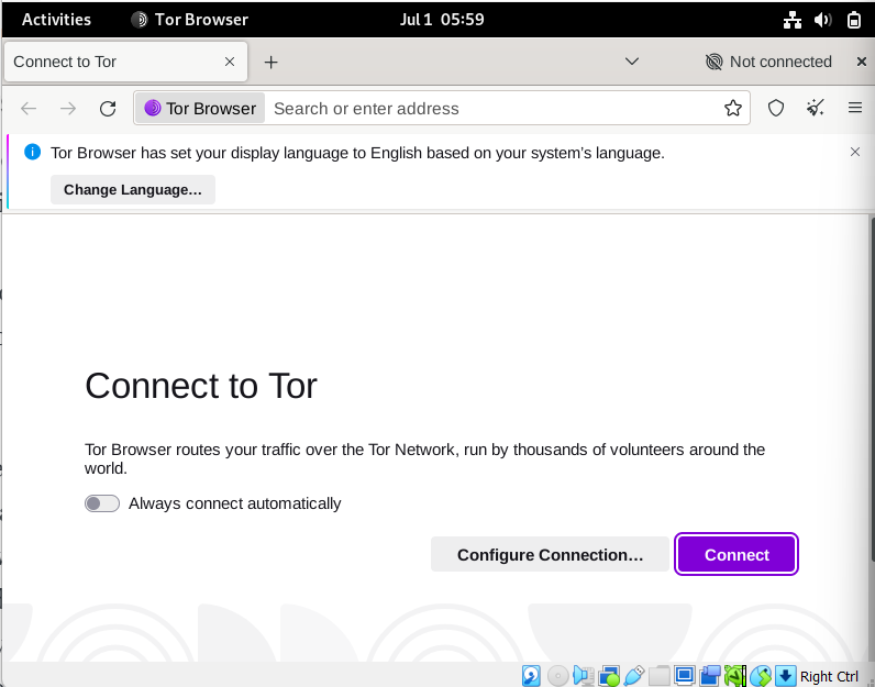 Connecting to Tor Browser's default user interface on Debian Linux.