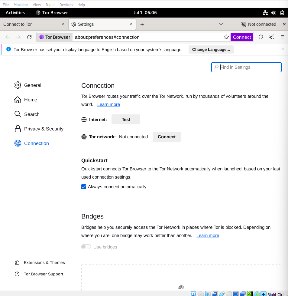 Tor Browser settings user interface on Debian Linux.