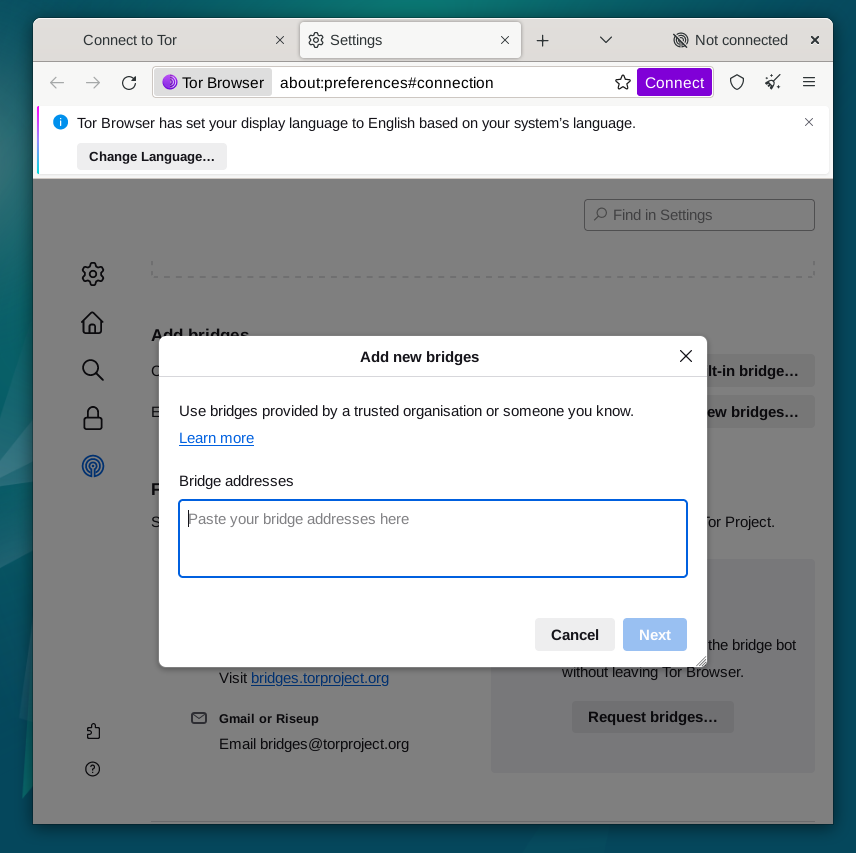 Tor Browser's bridge settings options displayed on Debian Linux.