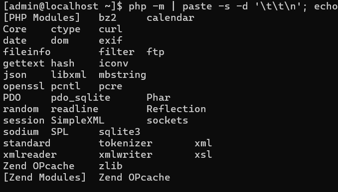 Listing PHP 8.2 module extensions in AlmaLinux terminal