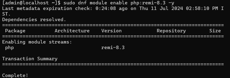 PHP 8.3 Module Enabled in AlmaLinux Terminal