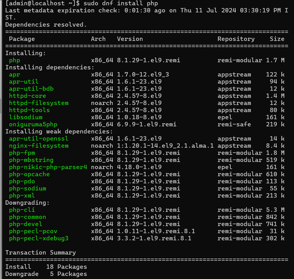 PHP 8.1 Installation Prompt in AlmaLinux Terminal