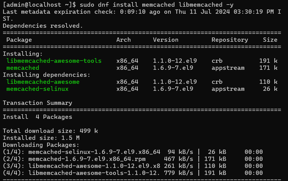 Memcached installation prompt output on AlmaLinux using Appstream