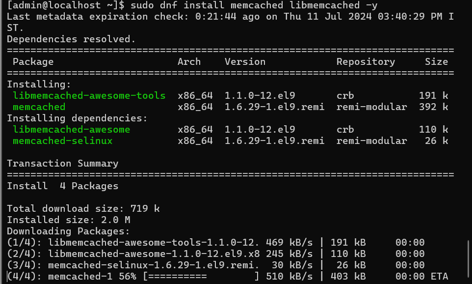 Terminal output of Memcached installation using Remi RPM