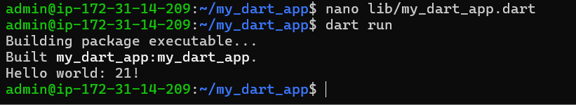 Modified Dart Hello World program in Debian