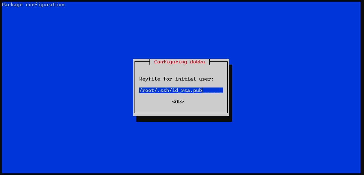 Screenshot of the root keyfile option for initial users in Dokku on Debian Linux.