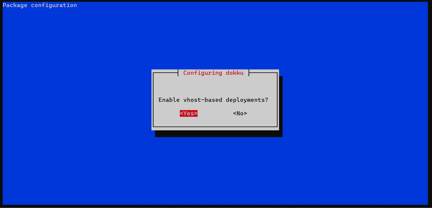 Screenshot of the option to enable Vhost-based deployments during Dokku installation on Debian Linux.