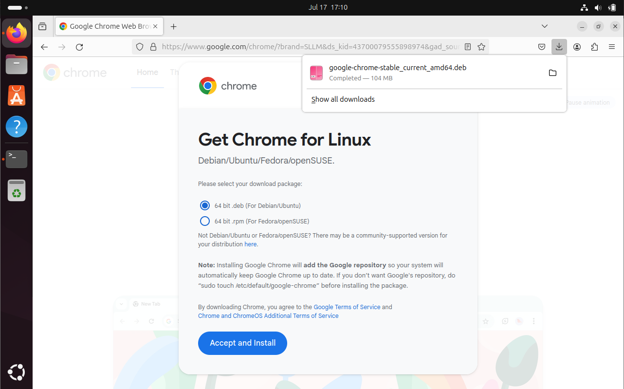 Downloading Google Chrome Deb file on Ubuntu 