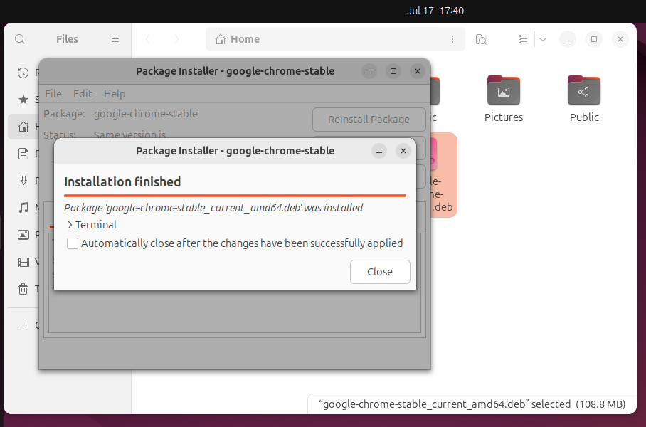 Installing Google Chrome on Ubuntu via GDebi package manager.