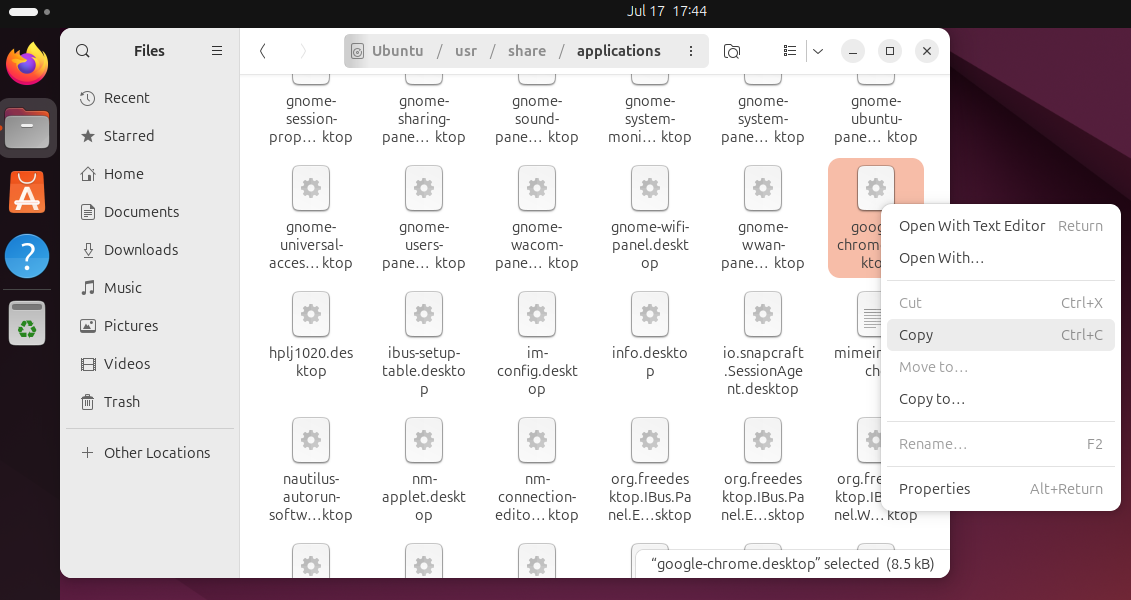 Copying Google Chrome desktop file from applications directory to create its desktop icon on Ubuntu 