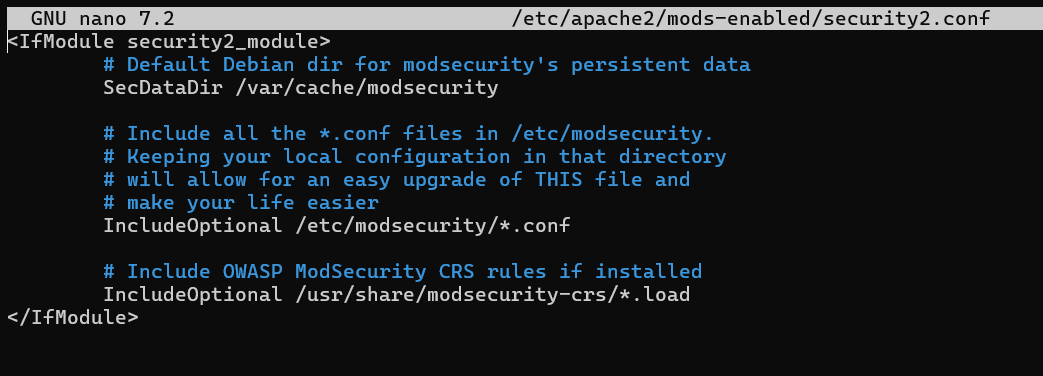 Uncommenting essential lines for Modsecurity 2 and Apache on Debian 12